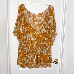 Free People Floral Burnout Knit Flutter Sleeve Tassel Tie Waist Peasant Tunic L